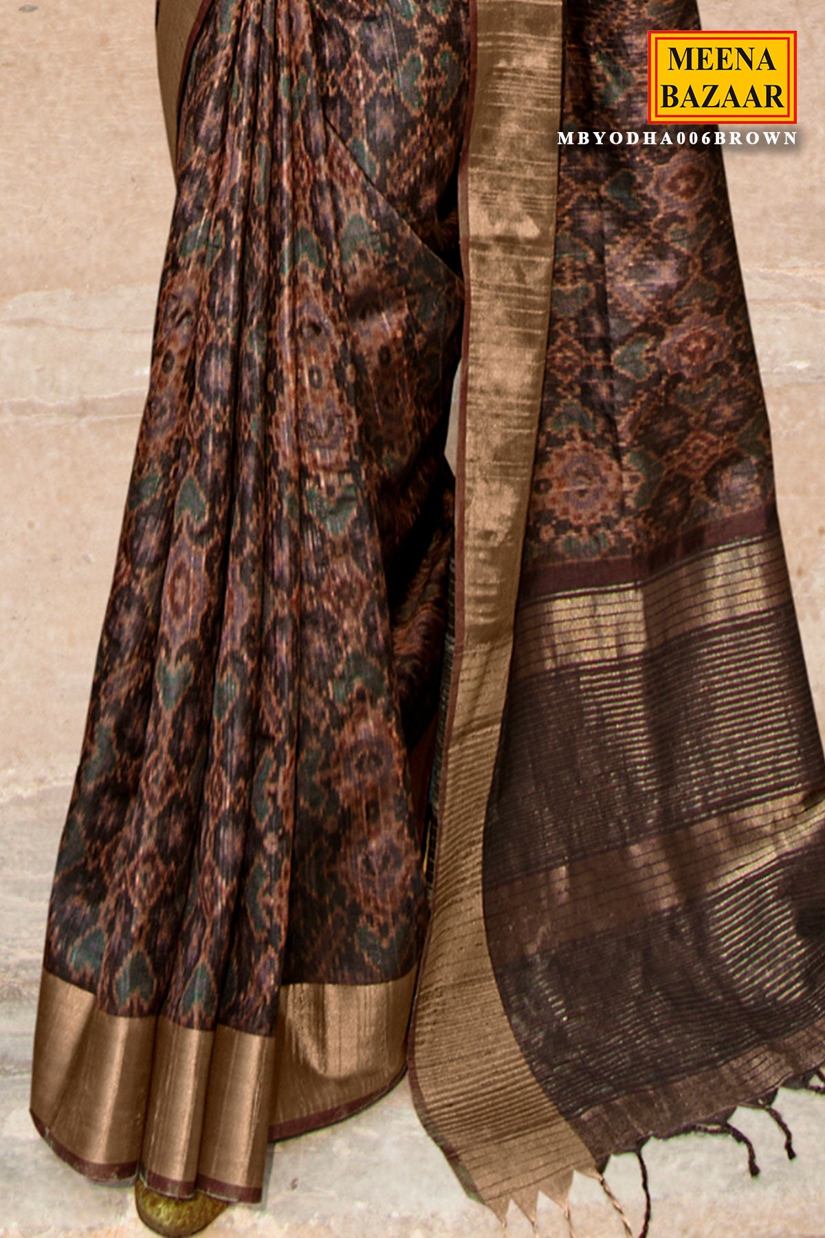 Brown Cotton Printed Saree with Zari Woven Border