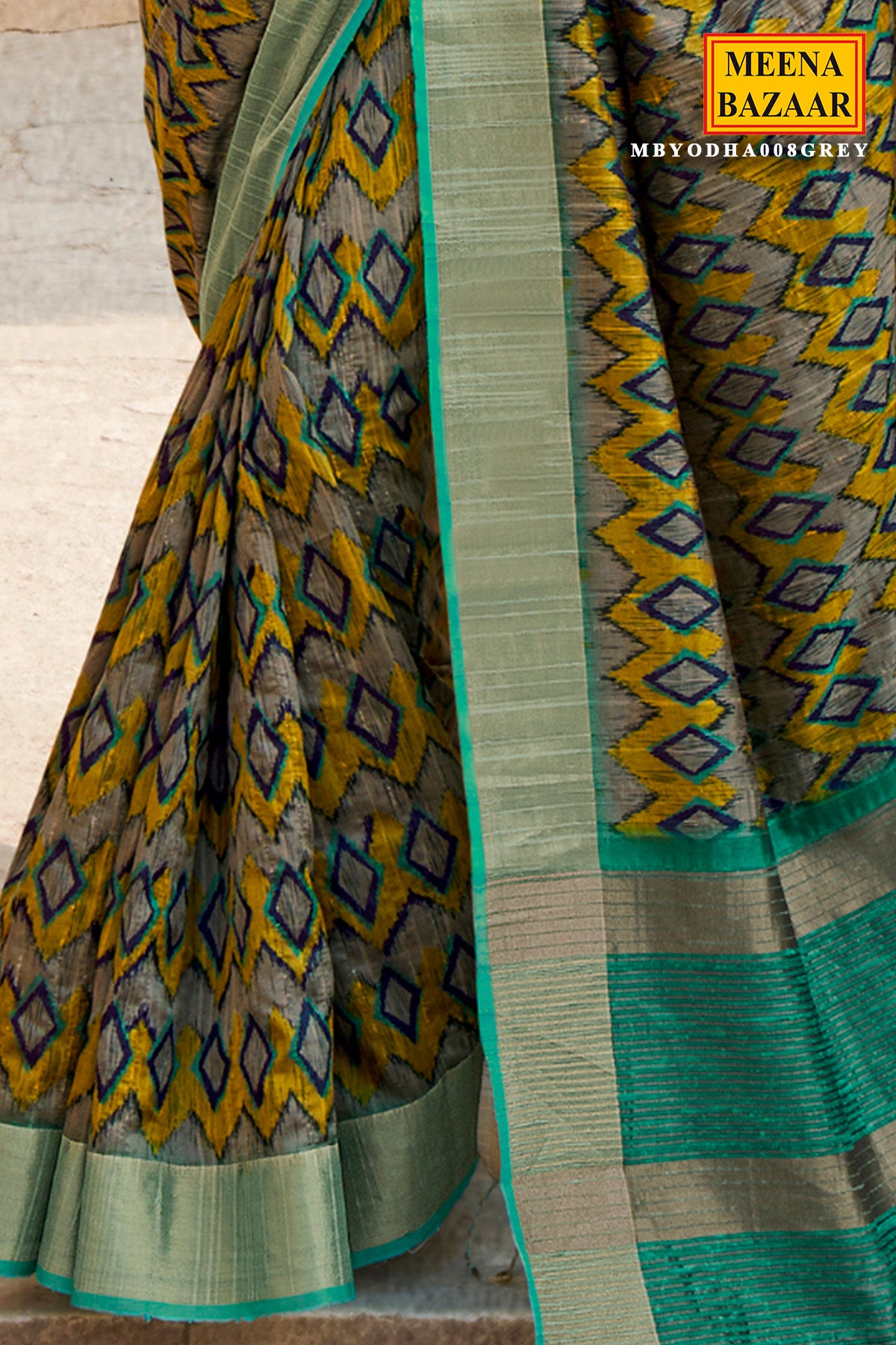Grey Cotton Printed Saree with Zari Woven Border