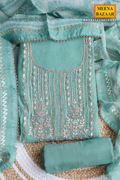 Firozi Chanderi Swarovski, Gota Patti Embroidered Suit Set