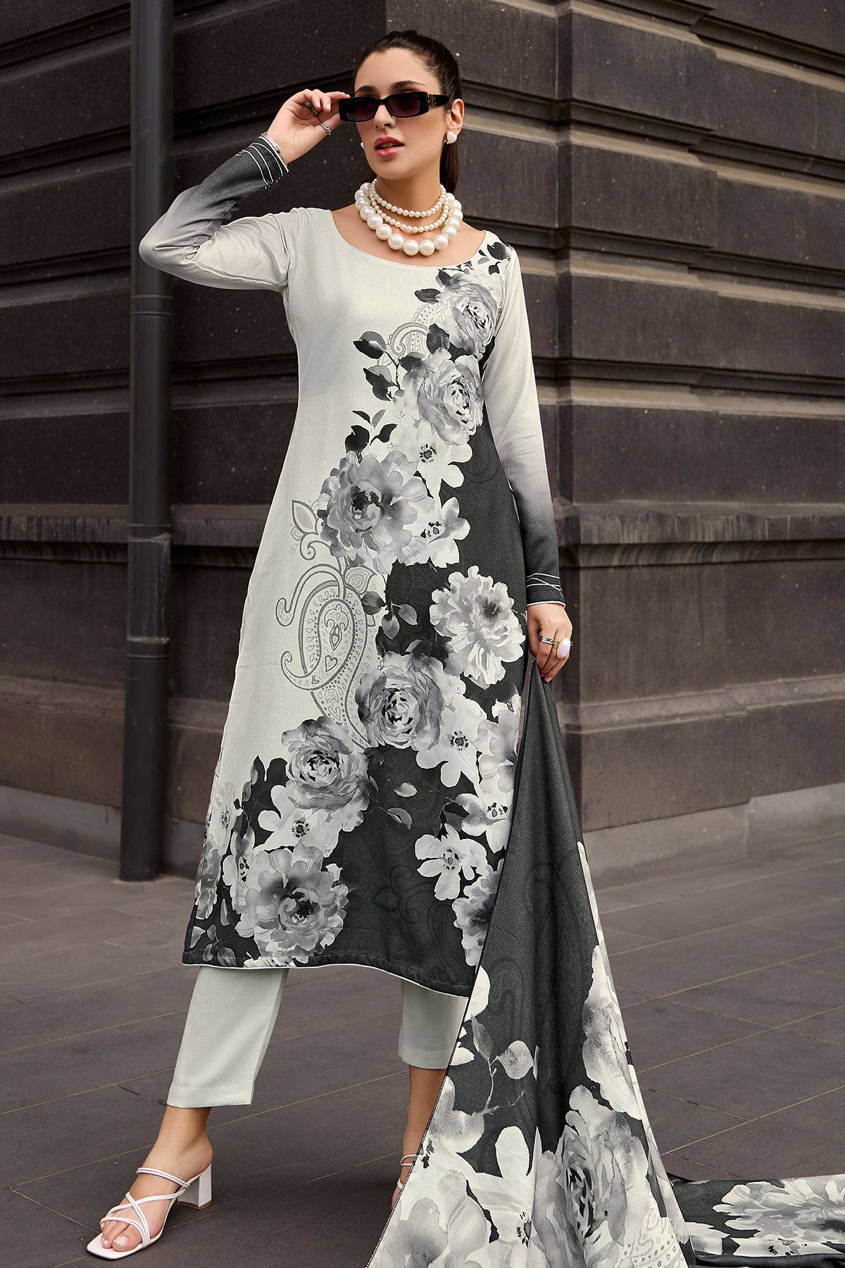 Black & White Pashmina Floral Printed Suit Set