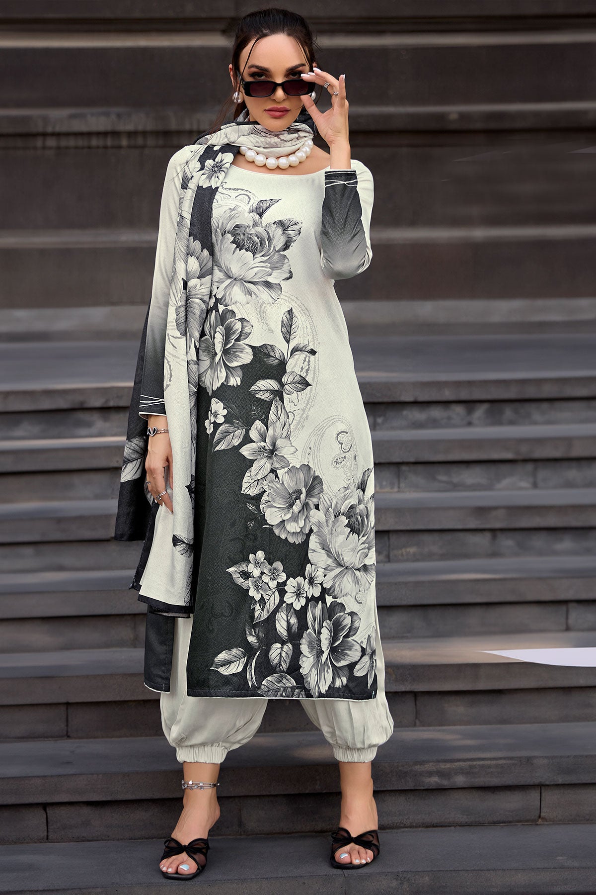 Monochrome Pashmina Floral Printed Suit Set