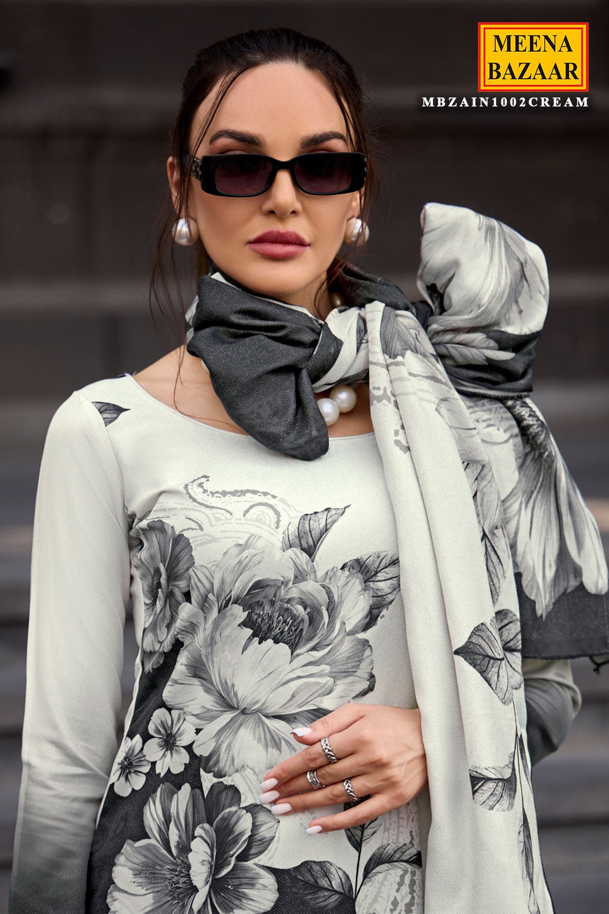 Monochrome Pashmina Floral Printed Suit Set