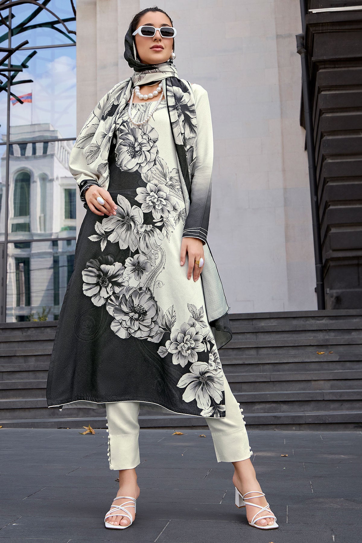 Timeless Black & White Pashmina Floral Suit Set