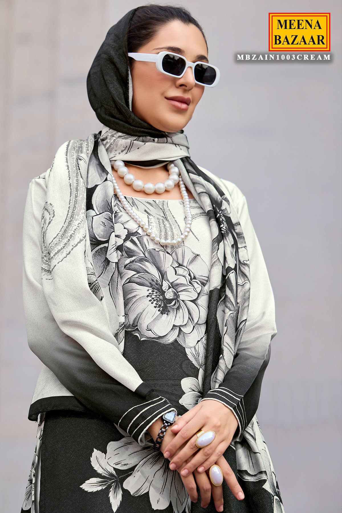 Timeless Black & White Pashmina Floral Suit Set