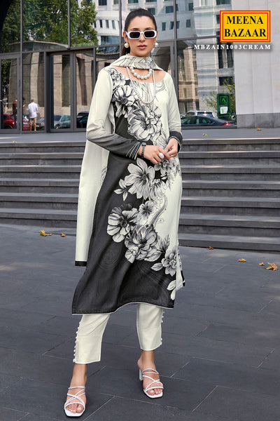 Timeless Black & White Pashmina Floral Suit Set