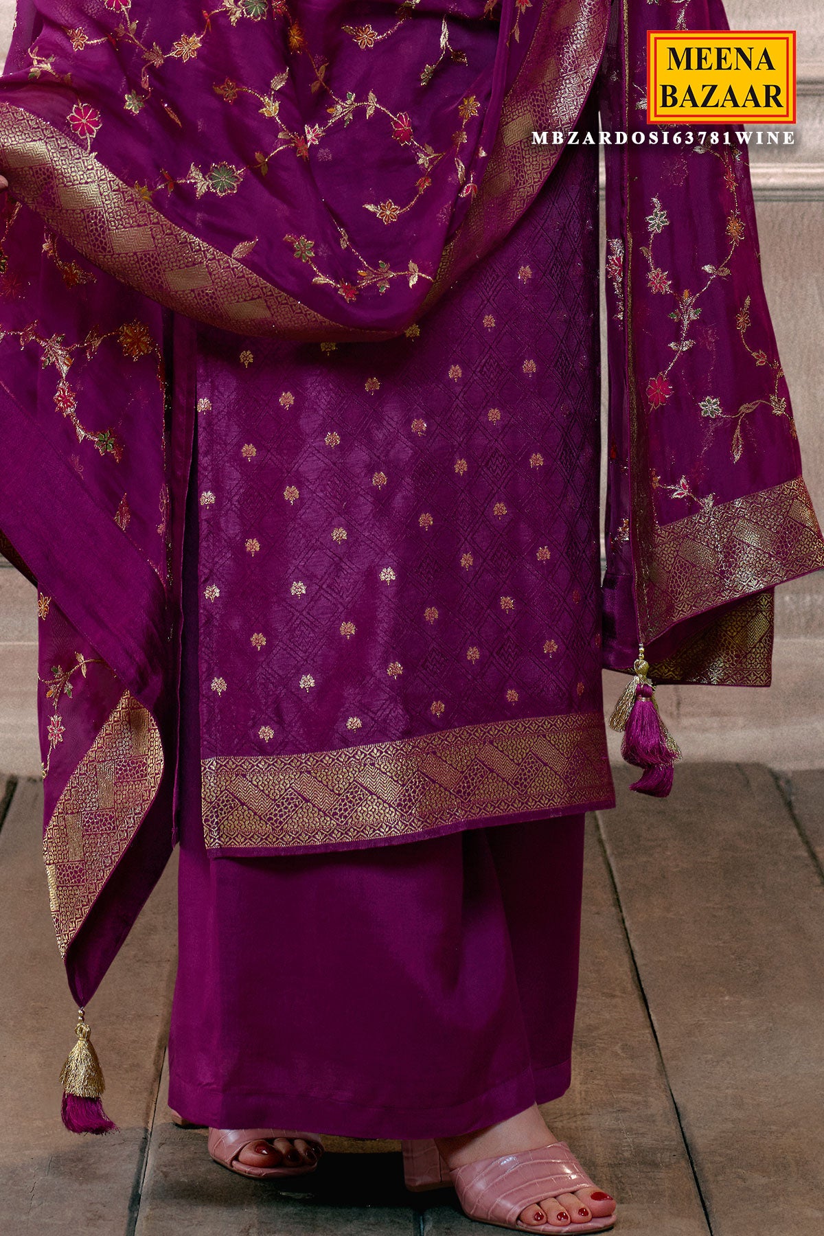 Wine Silk Floral Zari Buttis Woven Suit Set
