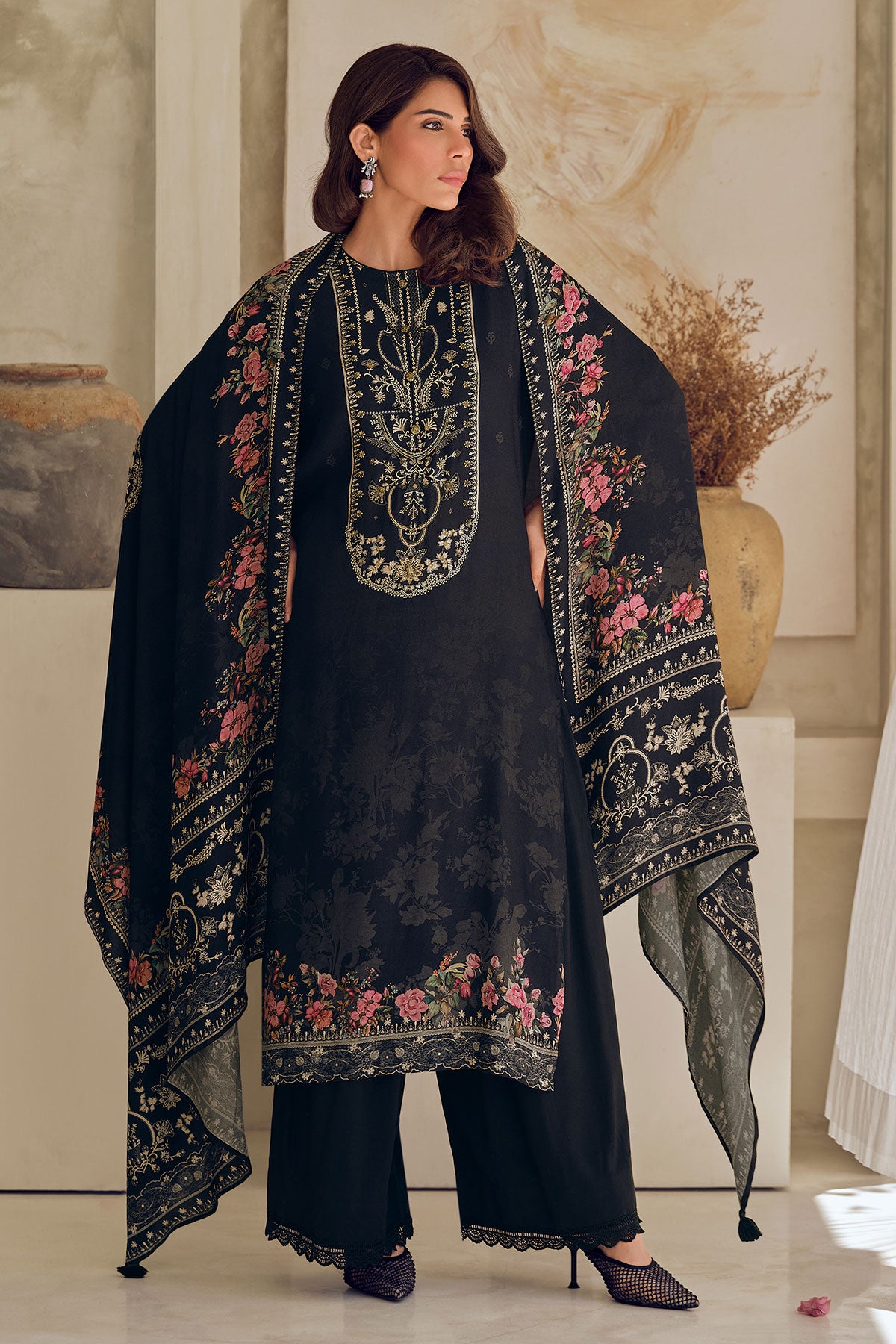 Black Viscose Muslin Printed Handwork Unstitched Suit