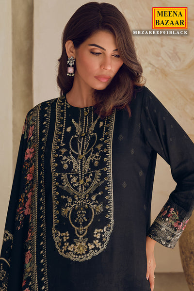 Black Viscose Muslin Printed Handwork Unstitched Suit