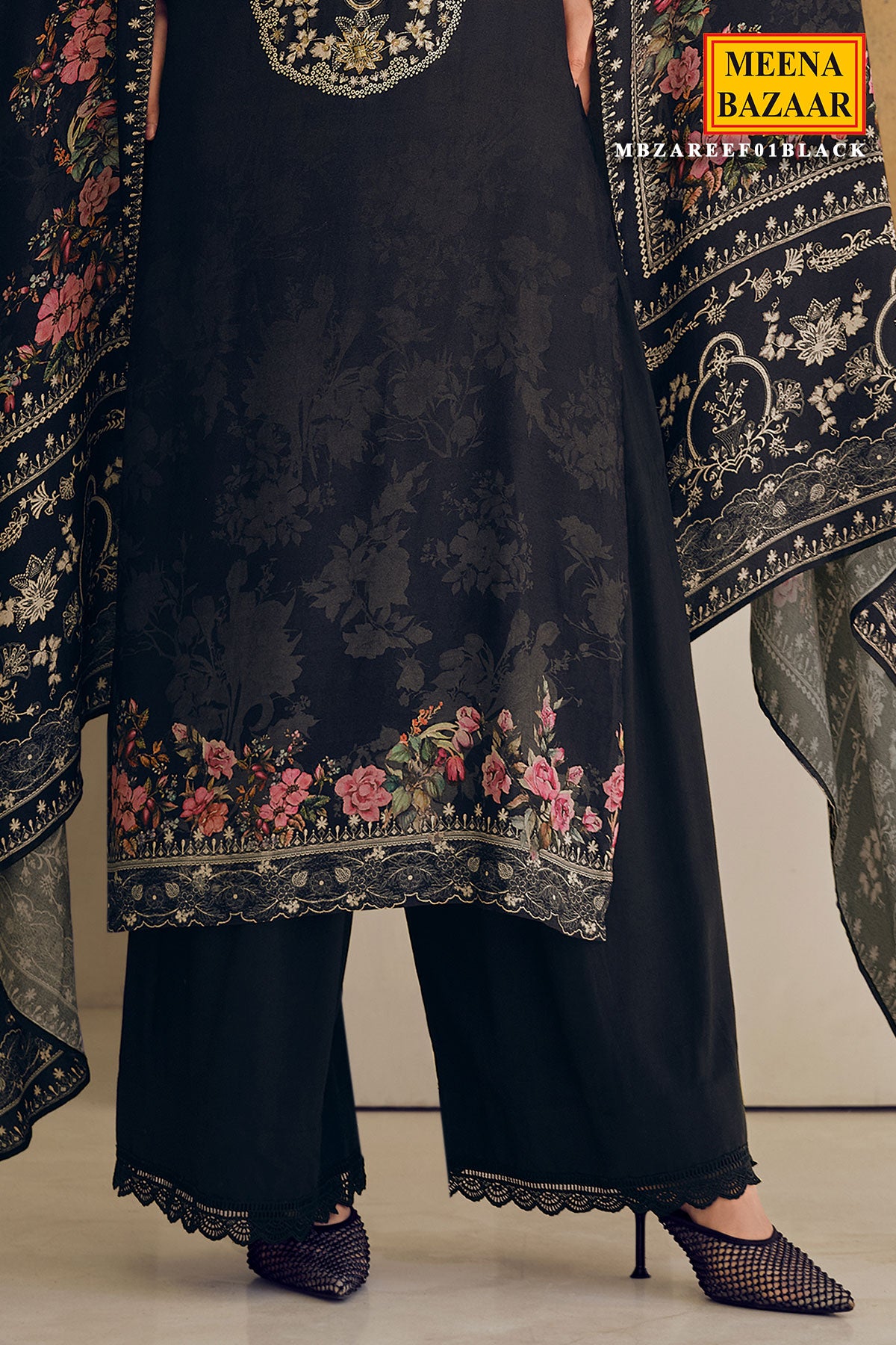 Black Viscose Muslin Printed Handwork Unstitched Suit