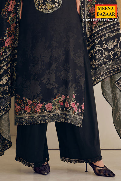 Black Viscose Muslin Printed Handwork Unstitched Suit