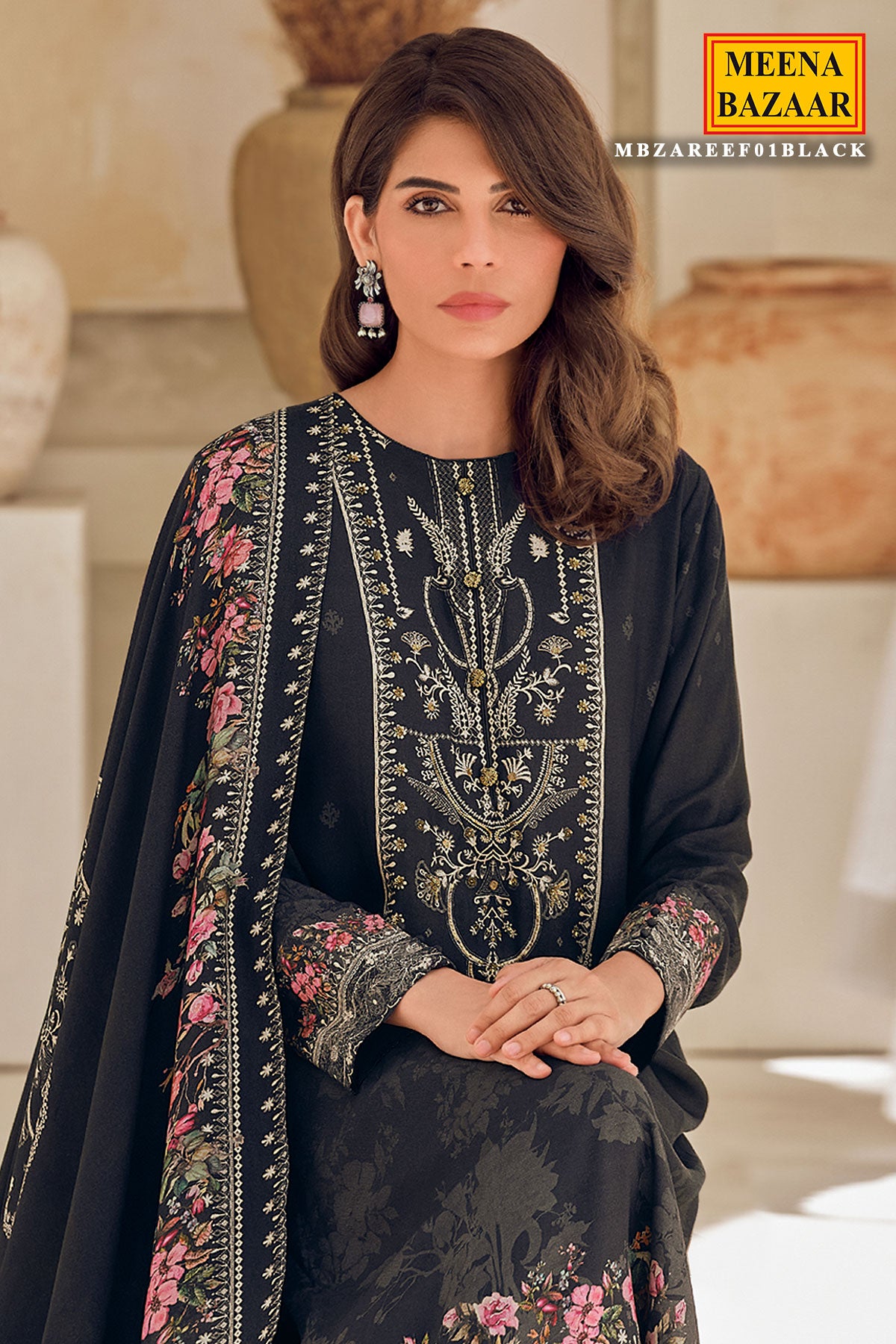 Black Viscose Muslin Printed Handwork Unstitched Suit