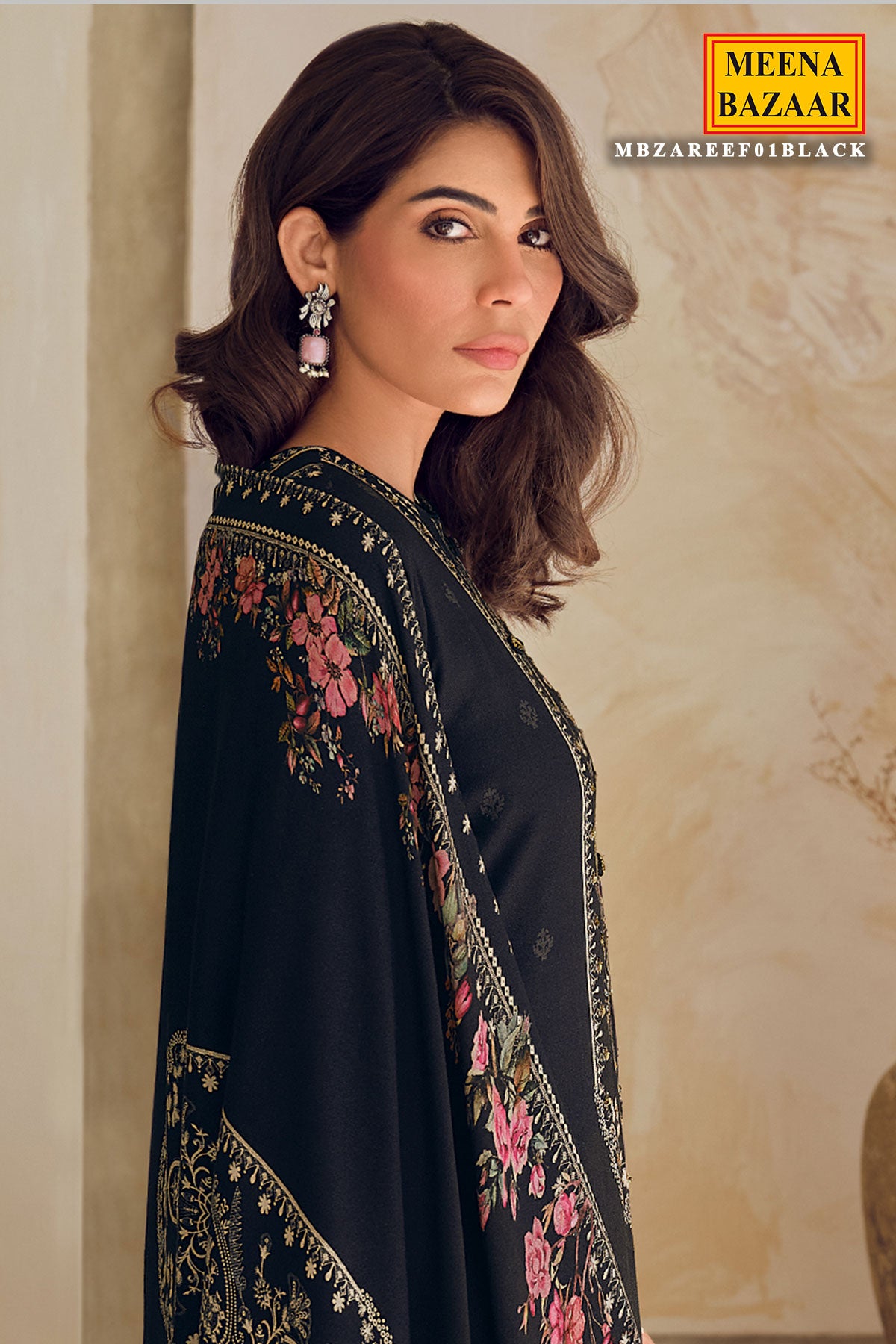 Black Viscose Muslin Printed Handwork Unstitched Suit