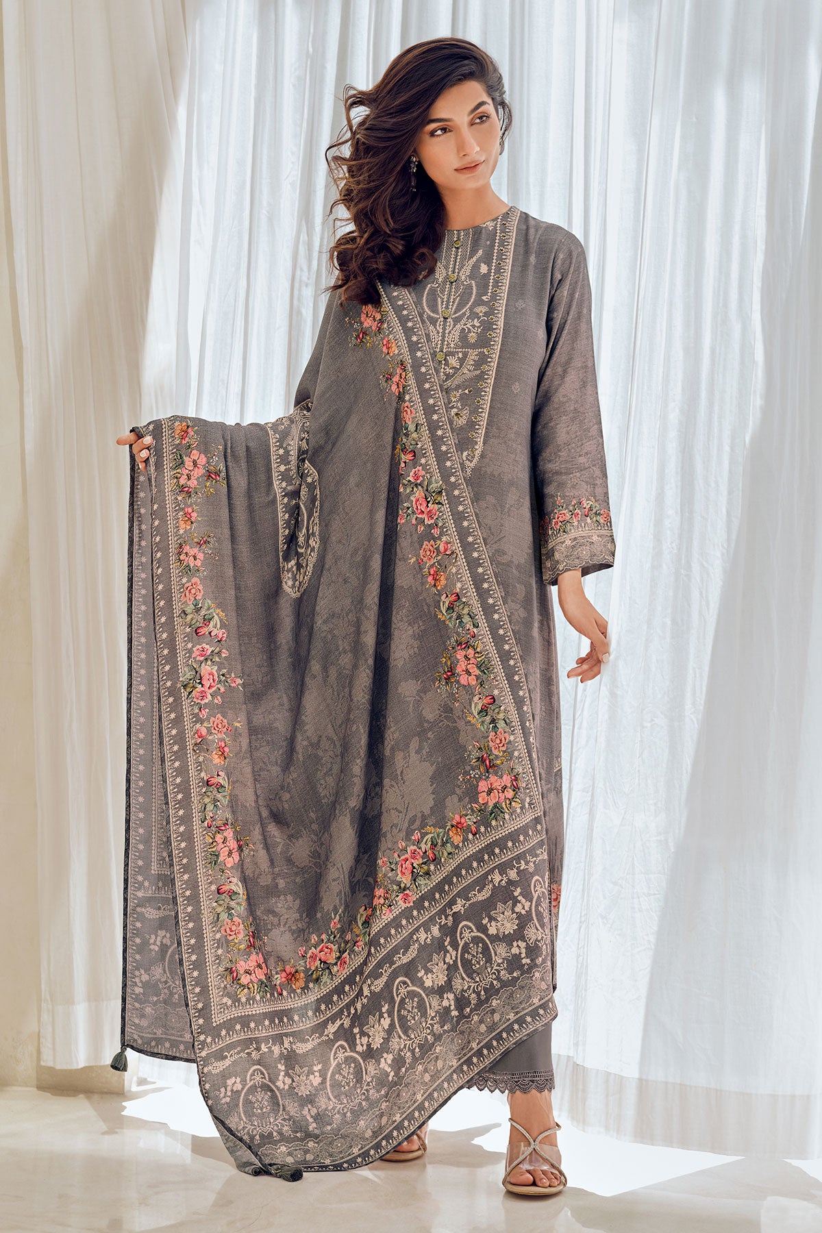 Grey Viscose Muslin Printed Handwork Unstitched Suit