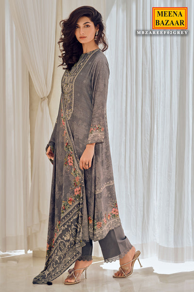 Grey Viscose Muslin Printed Handwork Unstitched Suit