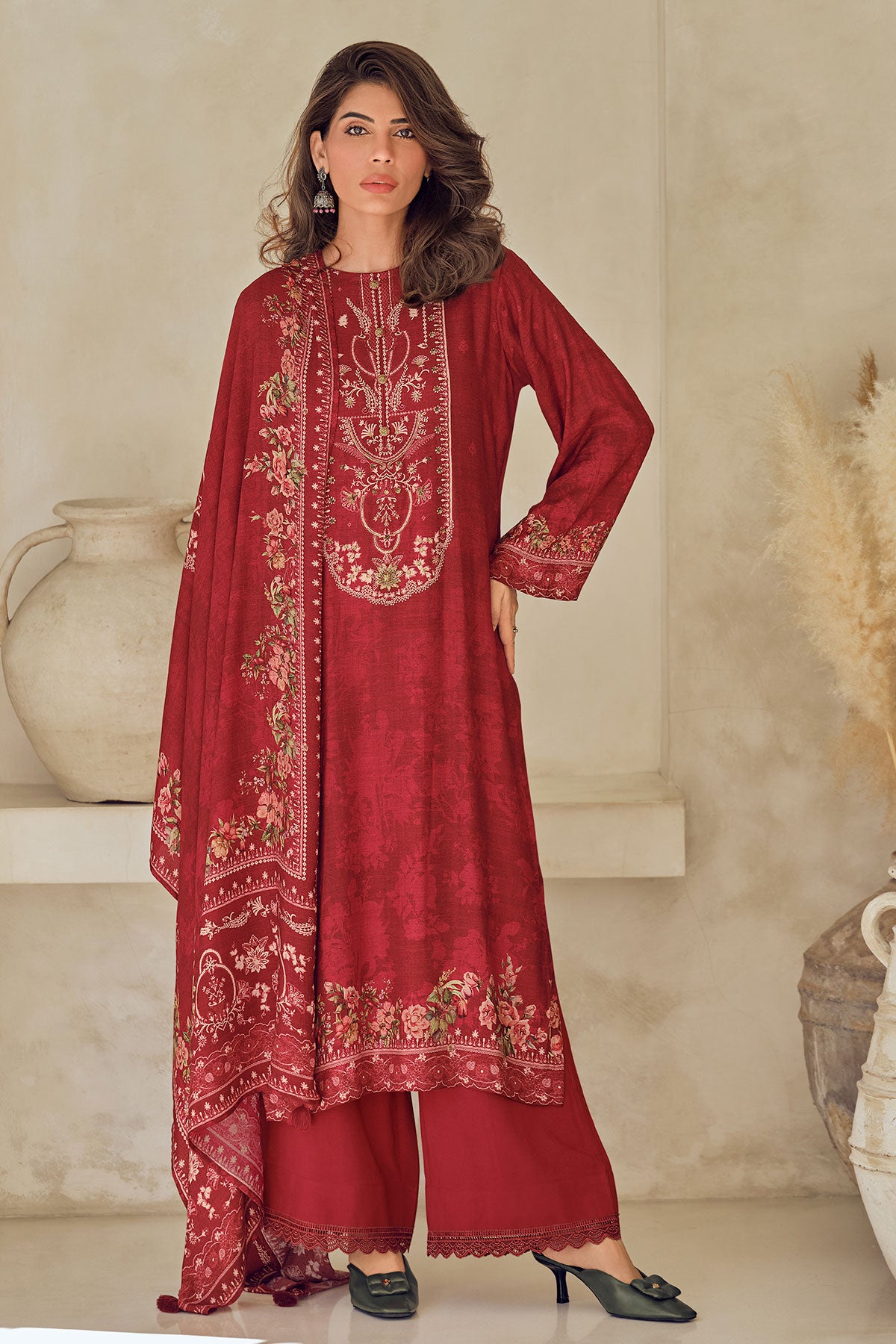 Maroon Viscose Muslin Printed Handwork Unstitched Suit