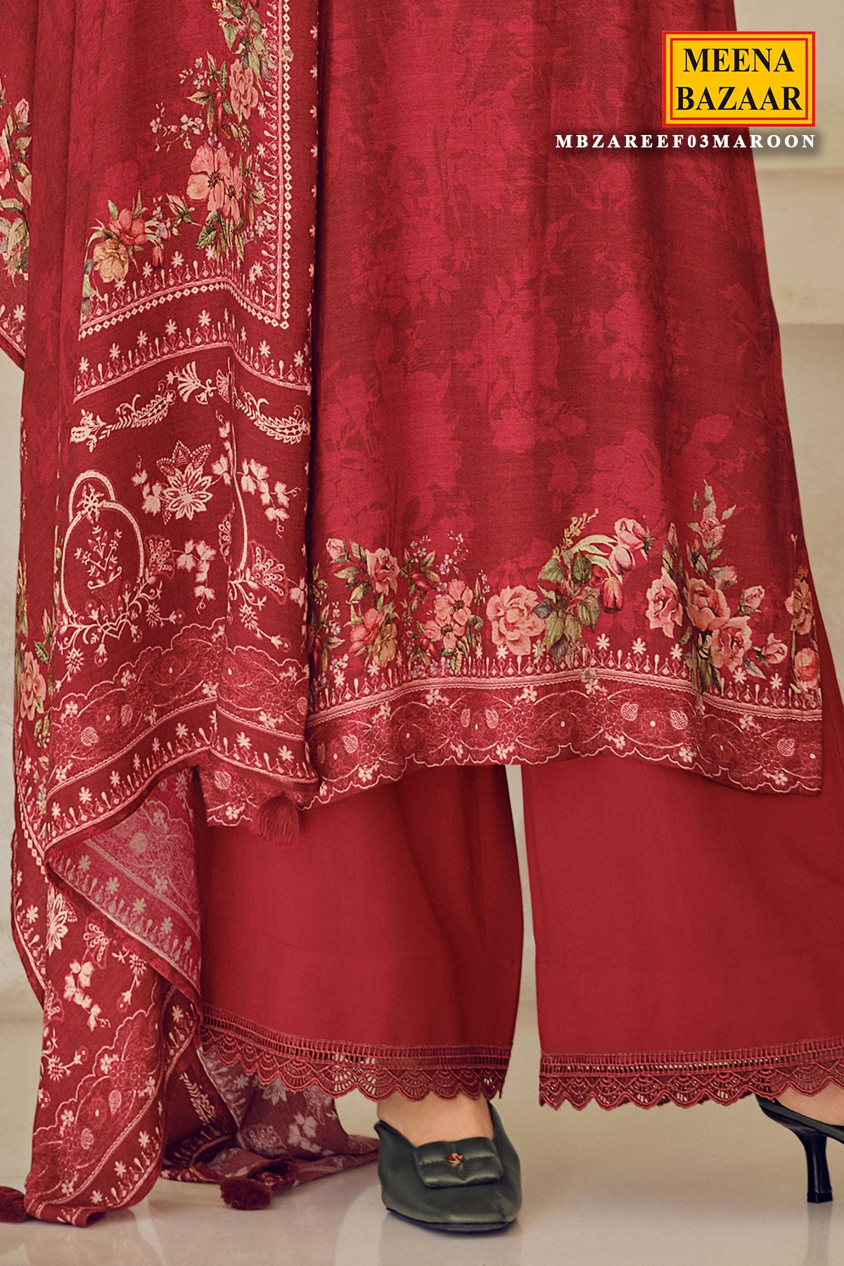 Maroon Viscose Muslin Printed Handwork Unstitched Suit