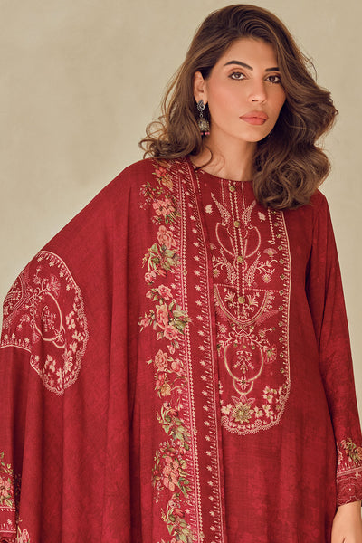 Maroon Viscose Muslin Printed Handwork Unstitched Suit