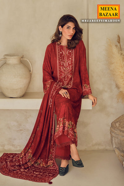 Maroon Viscose Muslin Printed Handwork Unstitched Suit