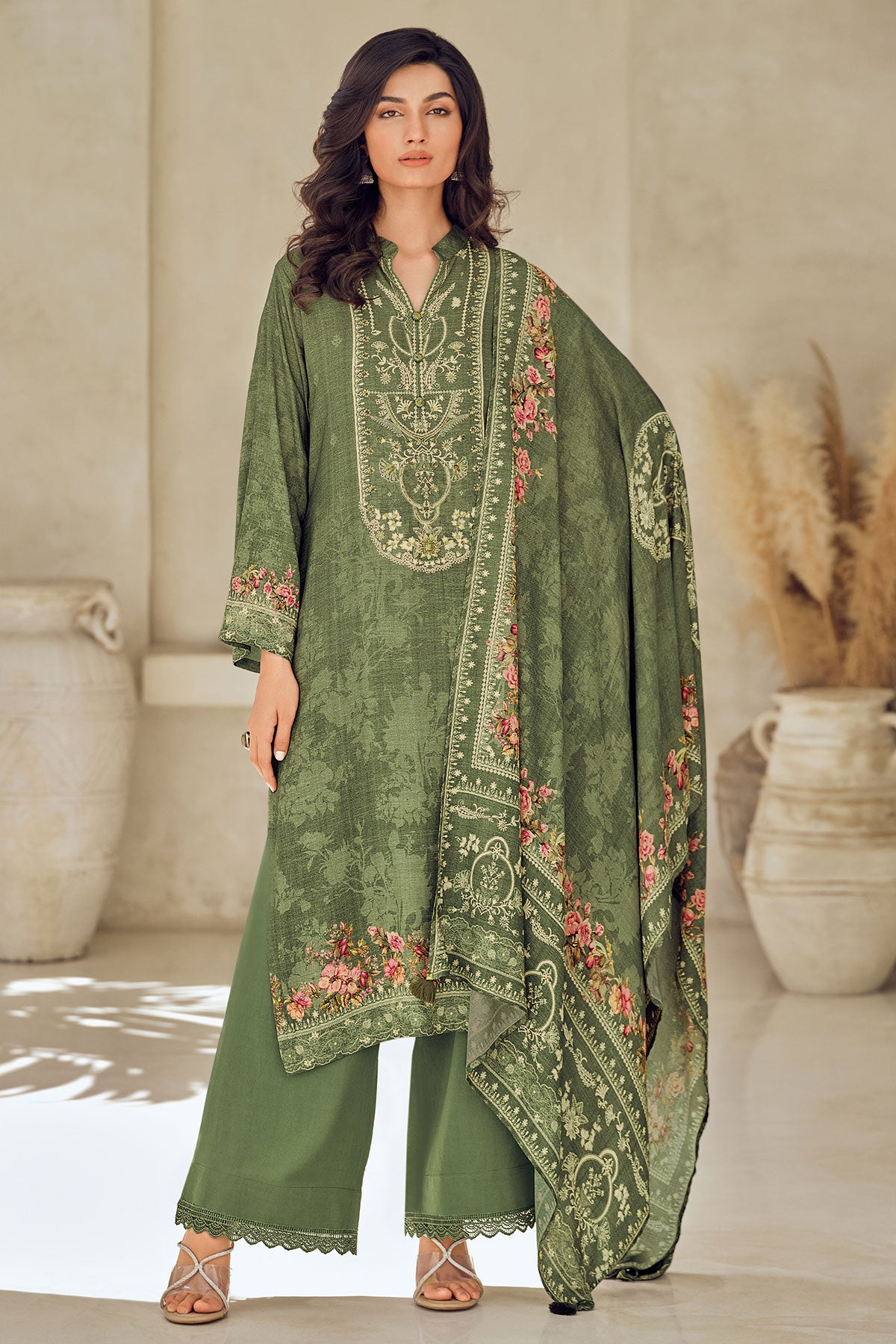 Pista Viscose Muslin Printed Handwork Unstitched Suit