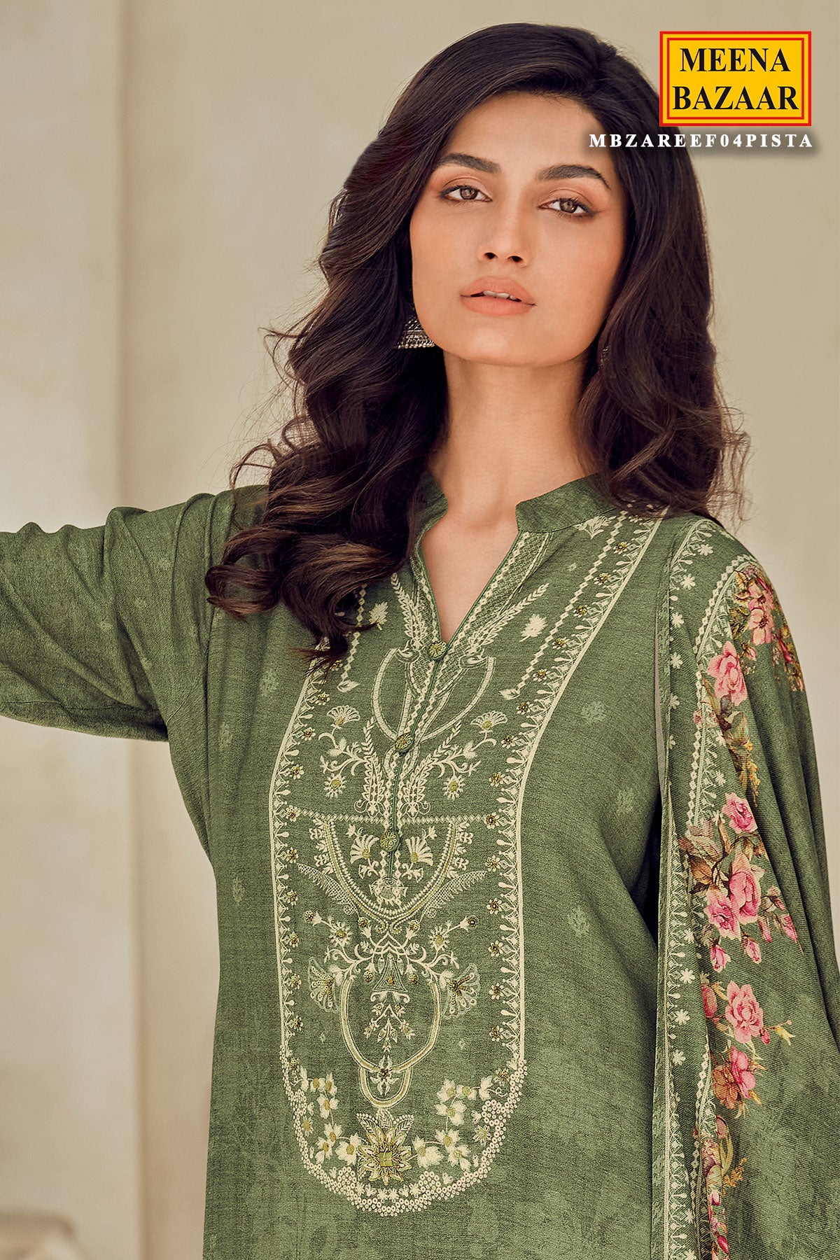 Pista Viscose Muslin Printed Handwork Unstitched Suit