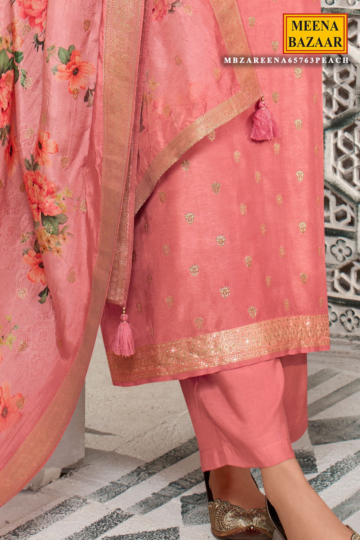 Peach Blended Silk Zari Woven Swarovski Embroidered Suit Set