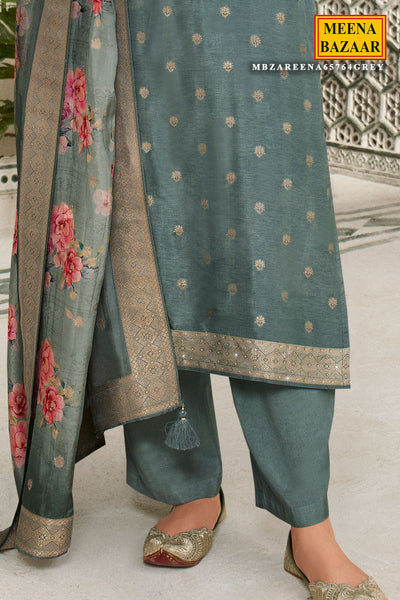 Grey Blended Silk Zari Woven Swarovski Embroidered Suit Set