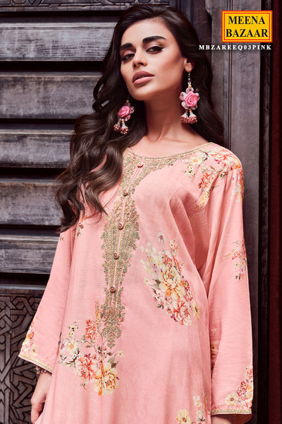 Pink Modal Silk Floral Printed Embroidered Suit Set