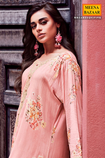 Pink Modal Silk Floral Printed Embroidered Suit Set