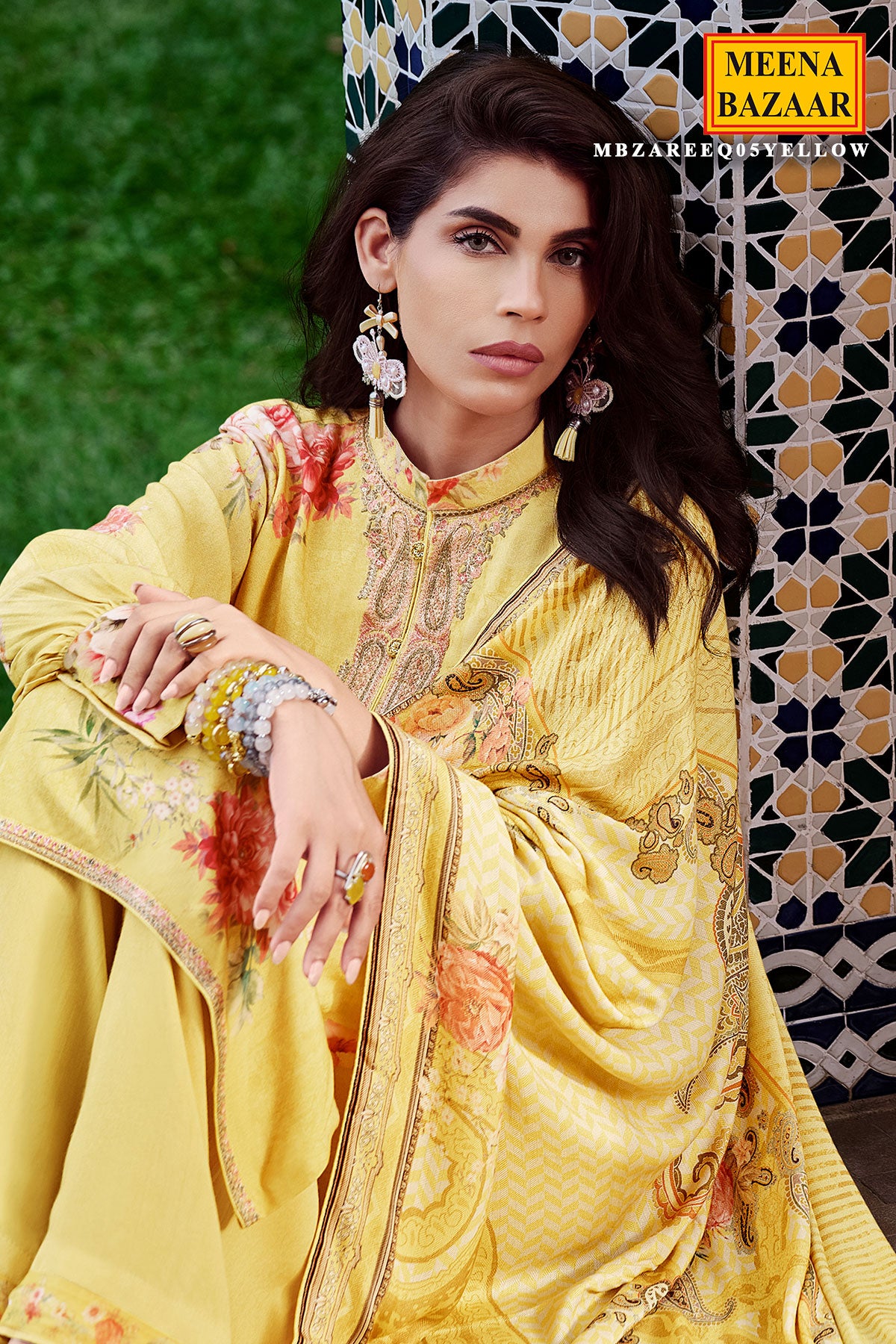 Yellow Modal Silk Floral Printed Embroidered Suit Set