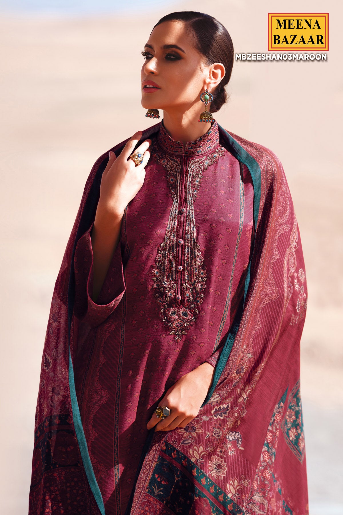 Maroon Pashmina Floral Printed Zari and Threadwork Embroidered Suit
