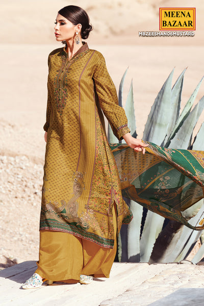 Mustard Pashmina Floral Printed Zari and Threadwork Embroidered Suit