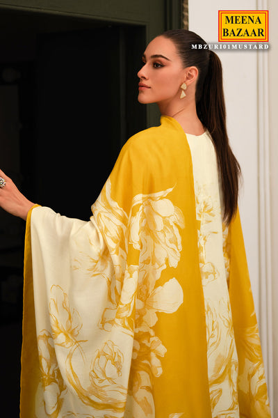 Mustard Muslin Printed Suit Set With Embroidery Lace Work