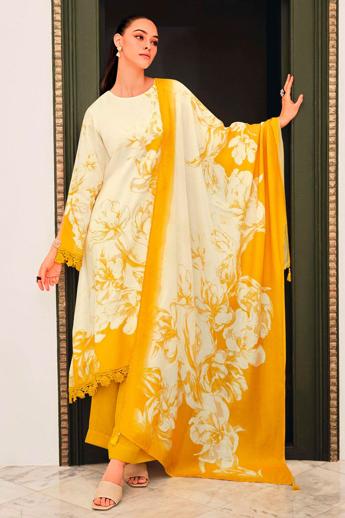 Mustard Muslin Printed Suit Set With Embroidery Lace Work