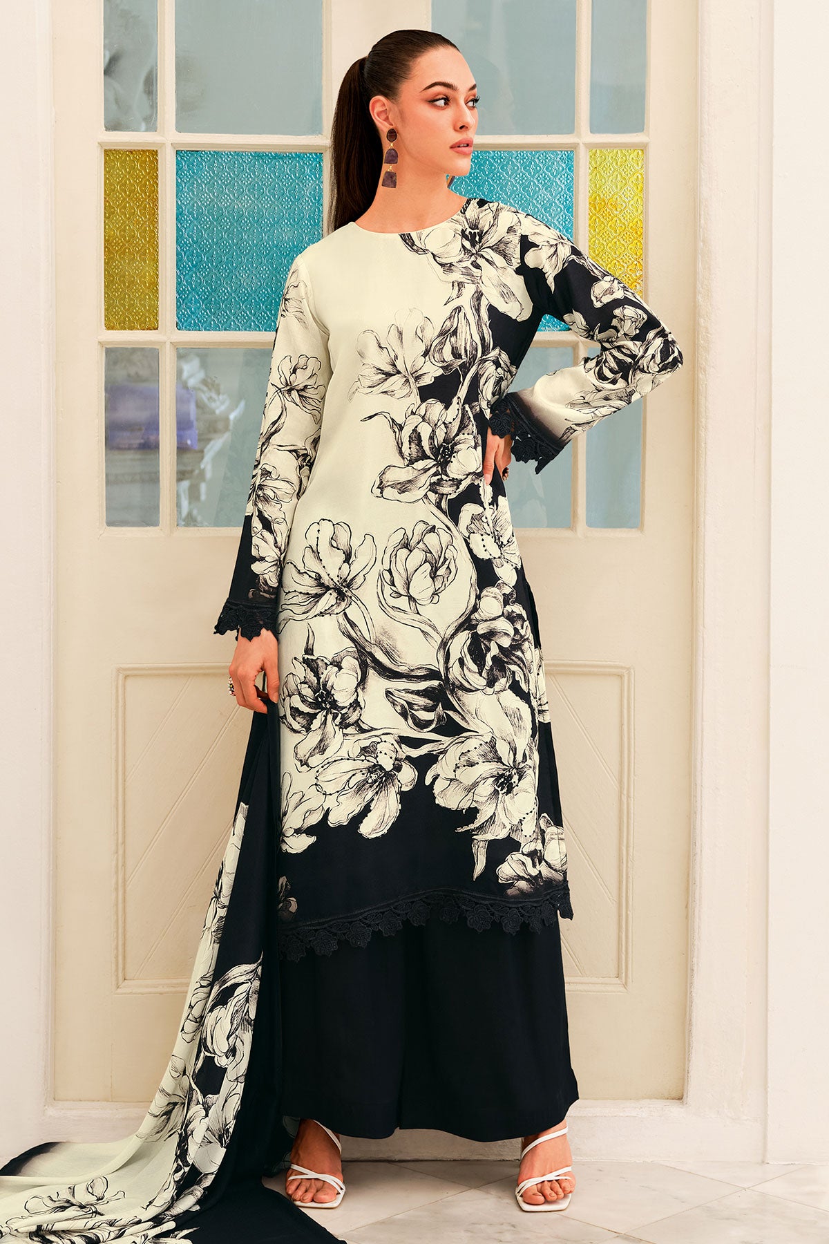 Black Muslin Printed Suit Set With Embroidery Lace Work