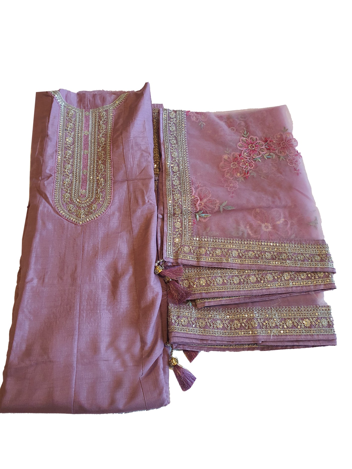 Mauve Blended Silk A-line Embroidered Suit Set