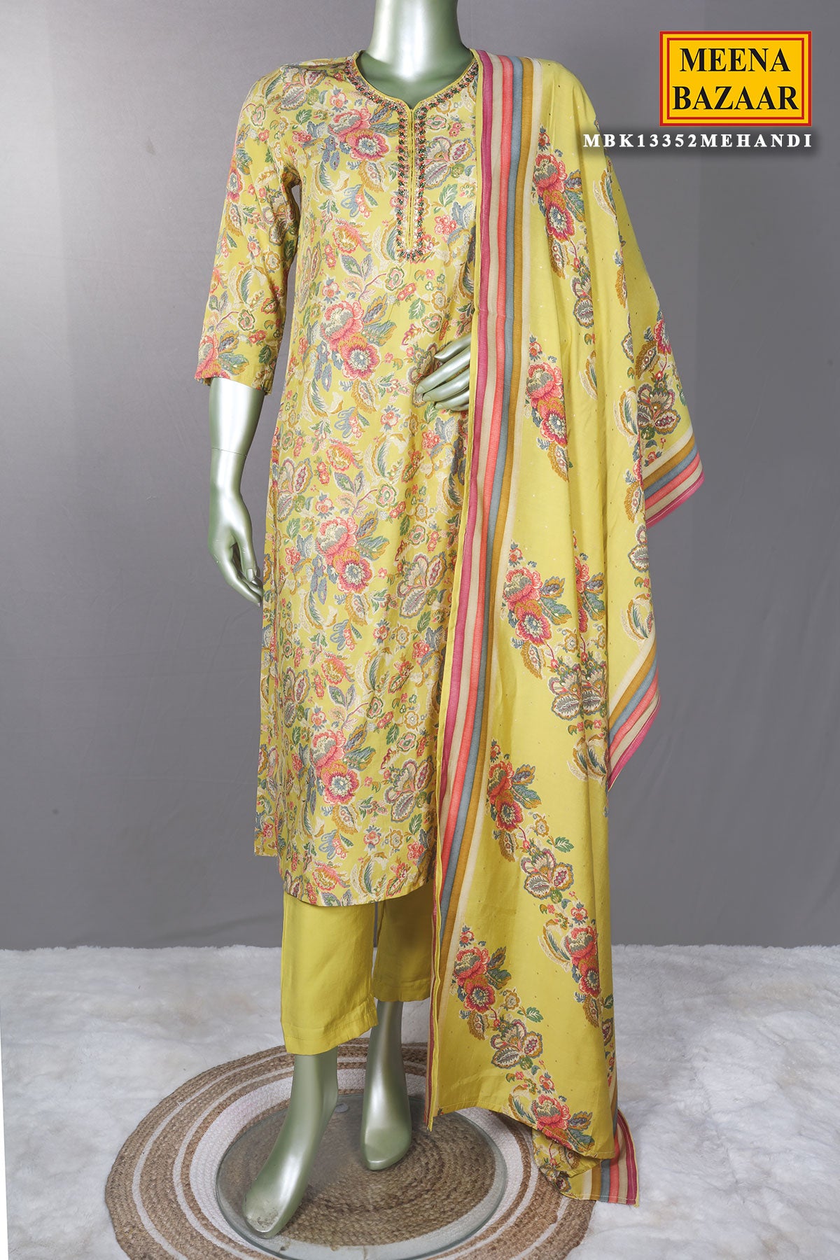 Mehandi Floral Printed Muslin Embroidered Suit with Pants Set