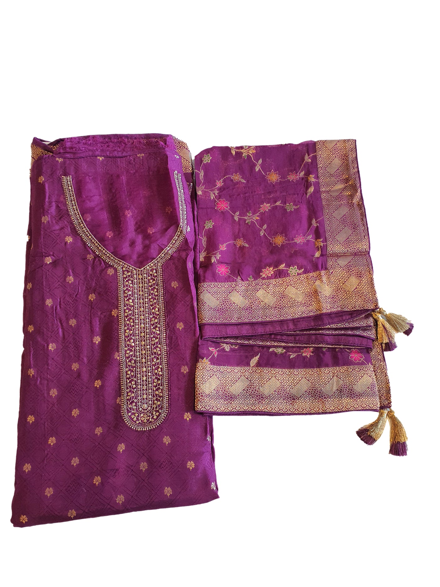 Wine Silk Floral Zari Buttis Woven Suit Set