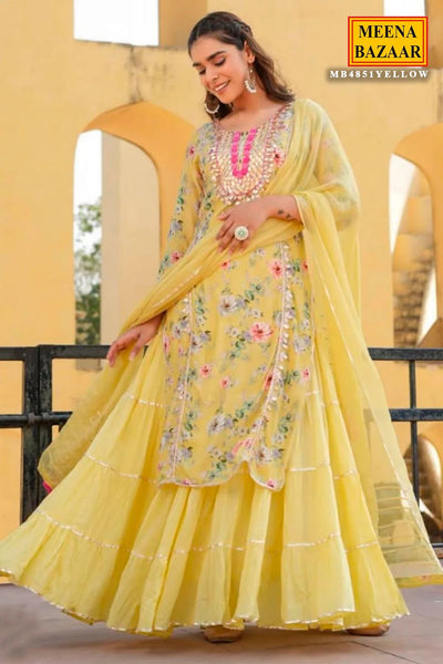 Lemon Yellow Muslin Kurti Dress With Attached Skirt