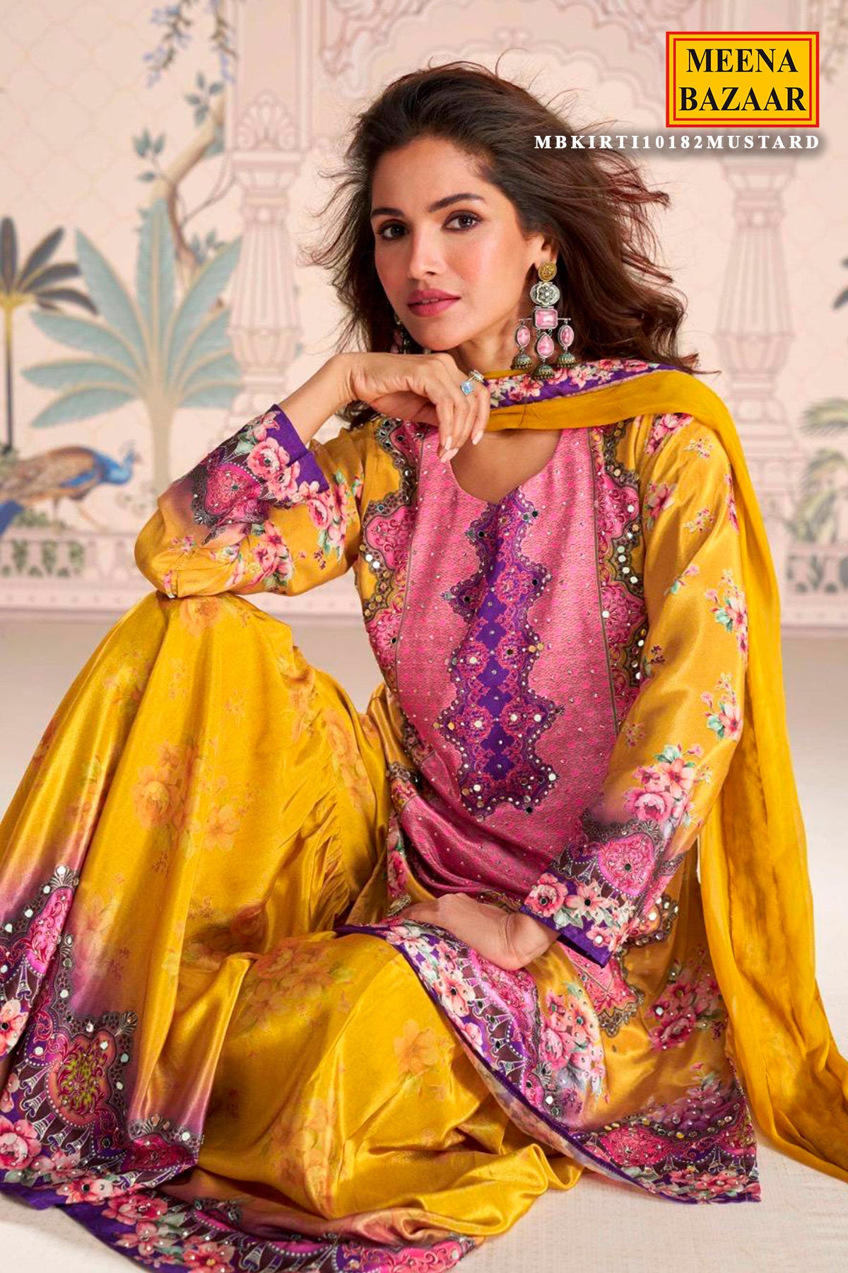 Mustard Crepe Silk Mirror Work Ready Made Suit