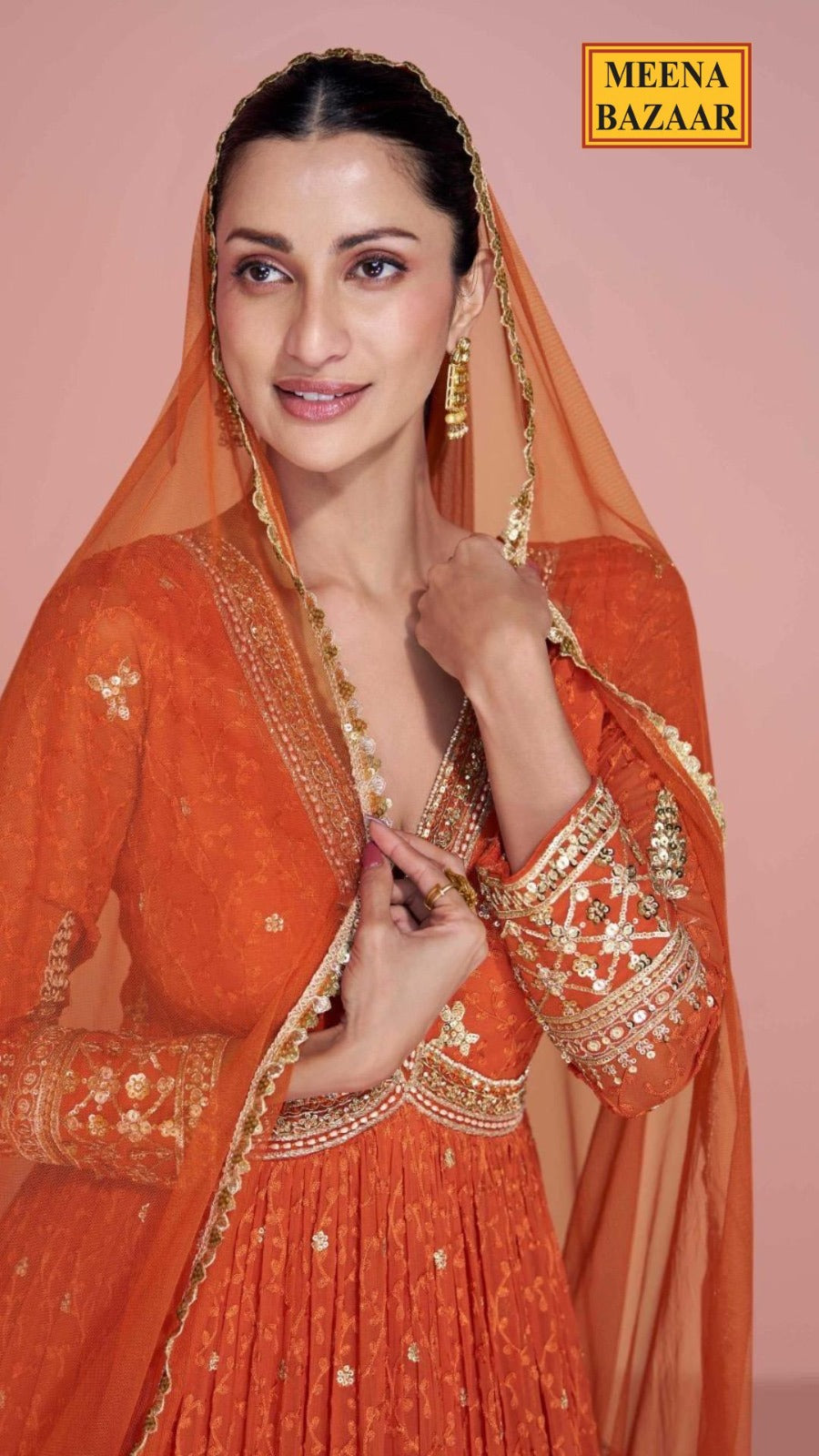 Orange Georgette Embroidered Floor Length Anarkali Gown with Dupatta Elegant Festive & Wedding Wear