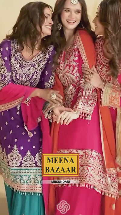 Rani Pink Chinon Silk Sharara Ready Made Suit with Heavy Embroidery & Mirror Work