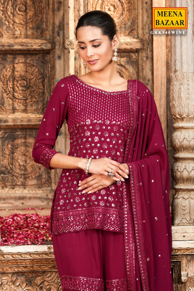 Wine Georgette Embroidered Sharara Suit