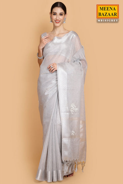 Grey Cotton Embroidered Saree