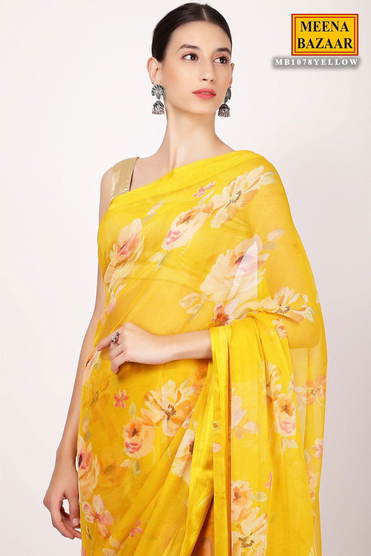 Yellow Chiffon Printed Saree