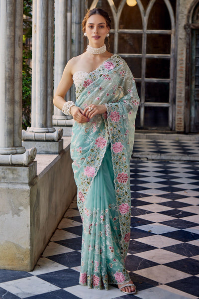 Sea Green Organza Floral Resham Embroidered Saree with Scalloped Border