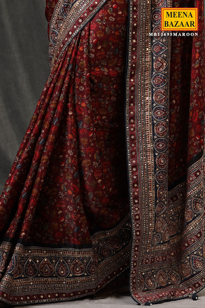 Maroon Satin Printed Saree with Embroidery