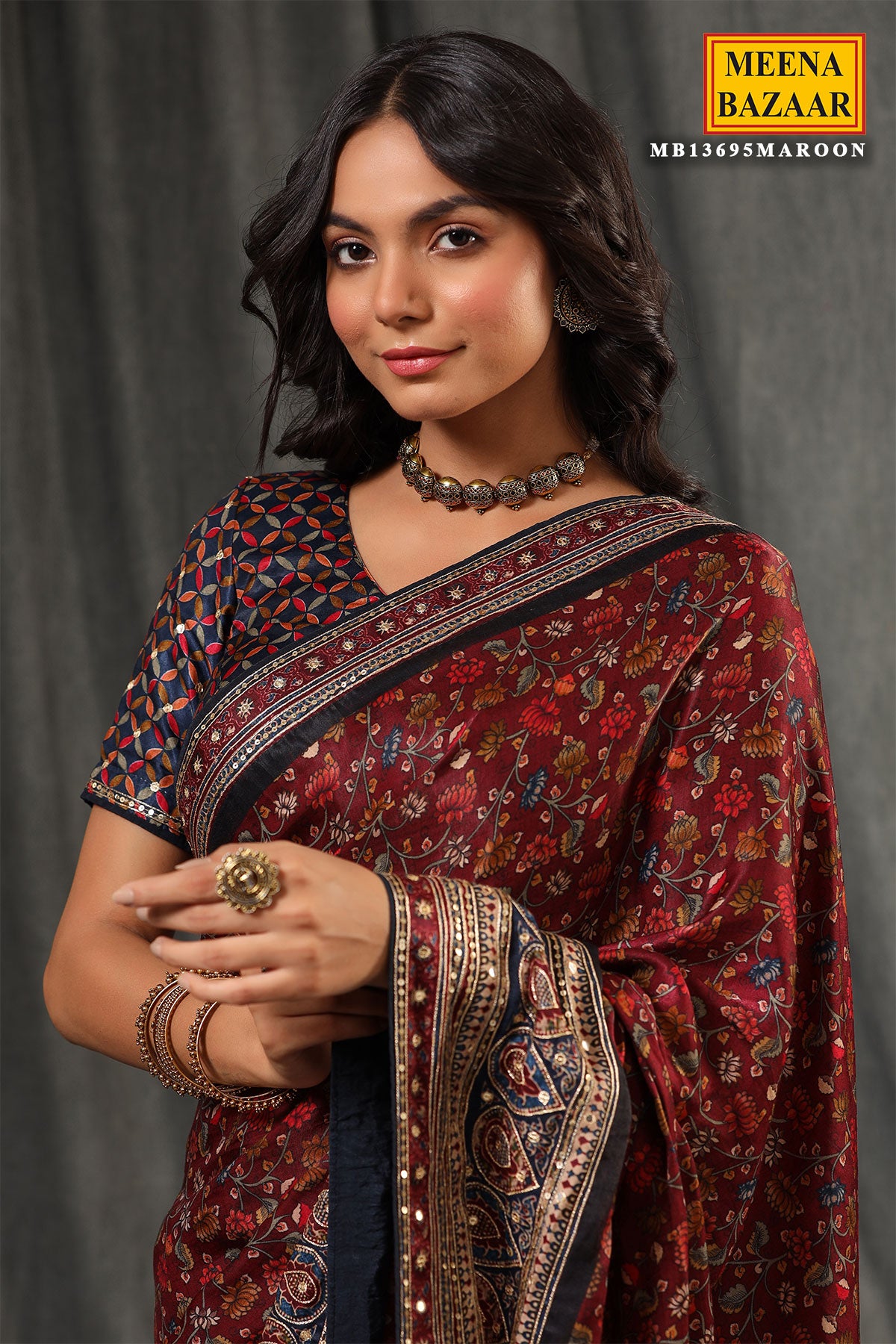 Maroon Satin Printed Saree with Embroidery