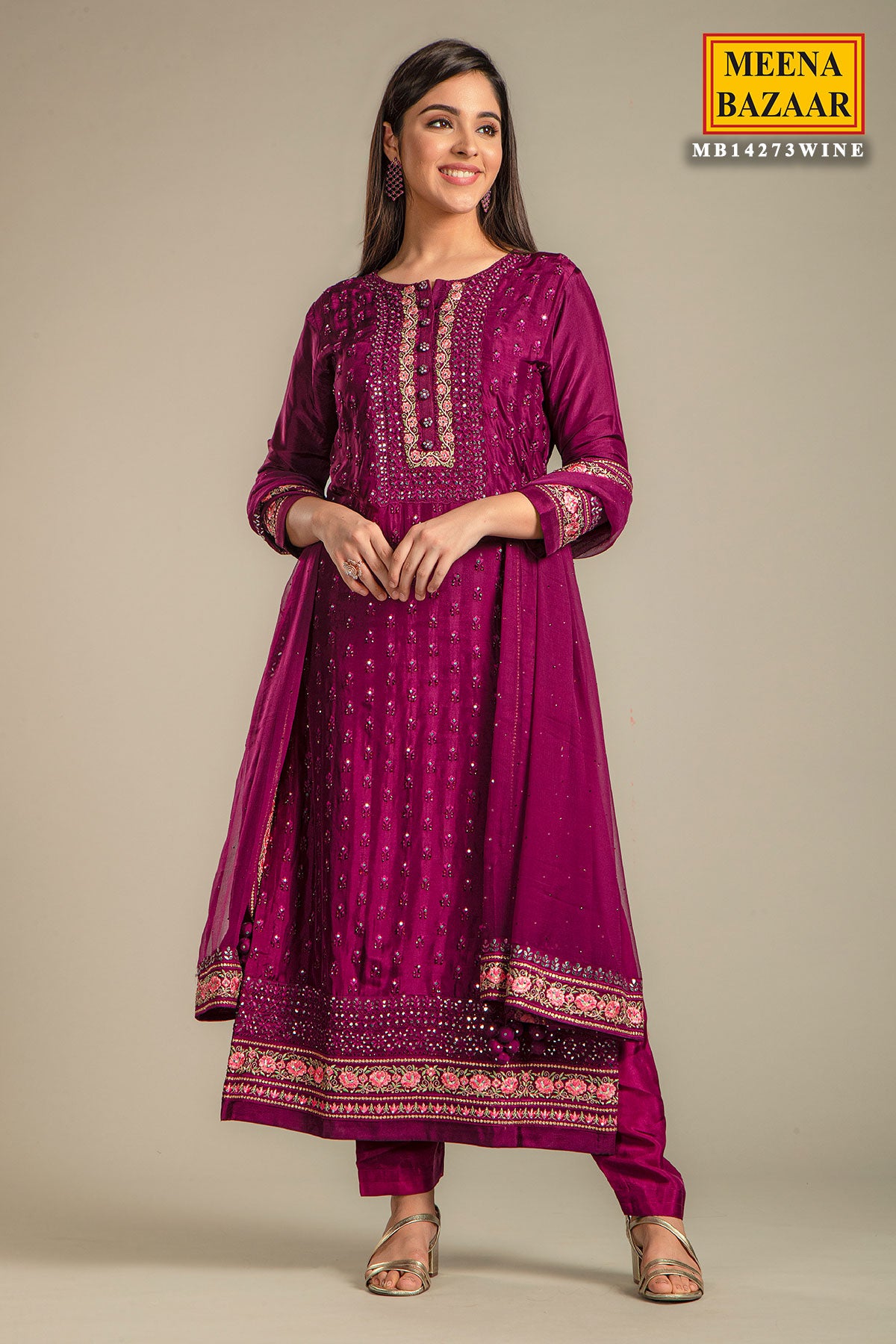 Wine Colour Embroidered Silk Suit with Unstitched Salwar