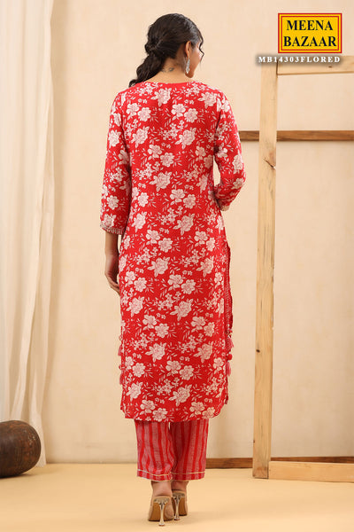 Red Muslin Floral Printed Kurti Pant Set with Mirror Work Neck