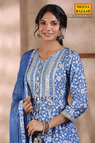 Blue Muslin Floral Gota Patti Embroidered Suit